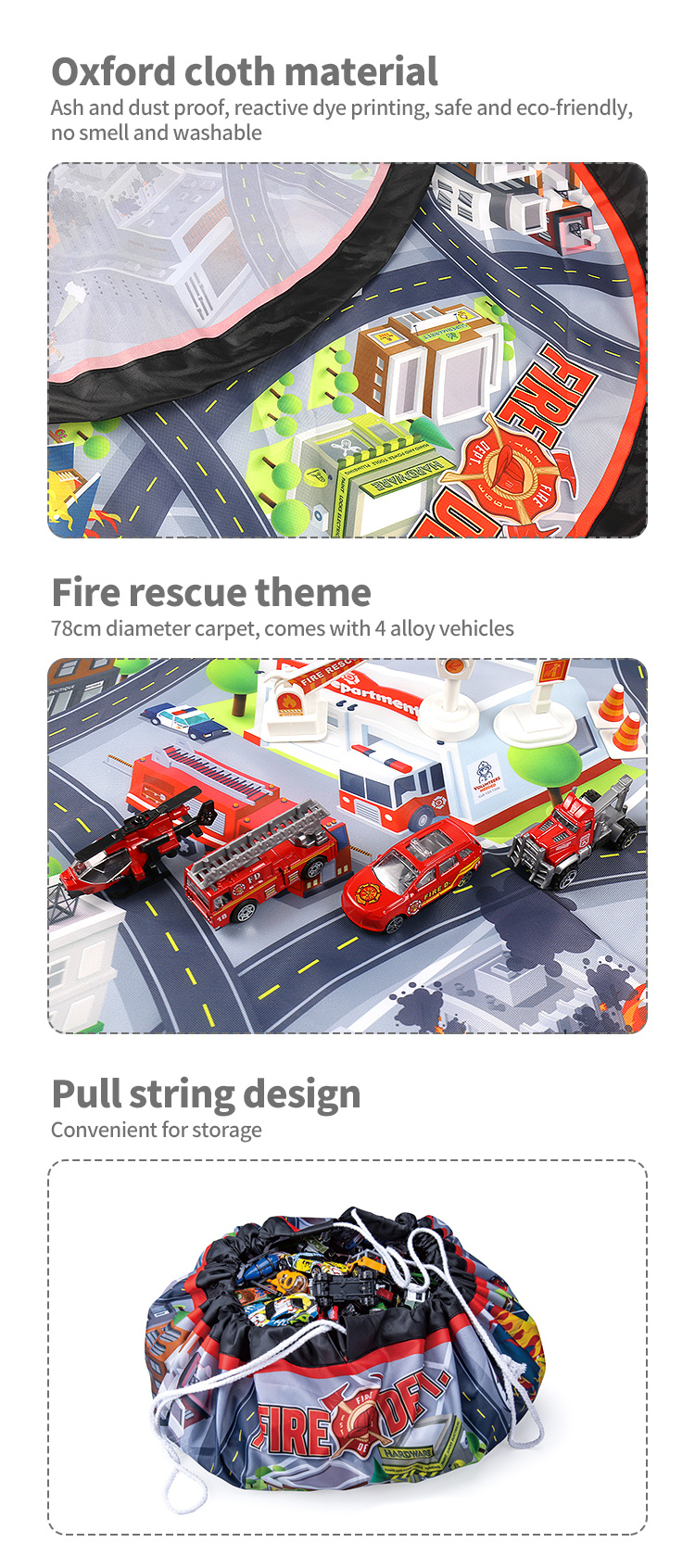 Kidewan Fire Engine Alloy Car Toys Kids Truck Vehicles Carpet Storage Rug Play Mat For Baby Boys