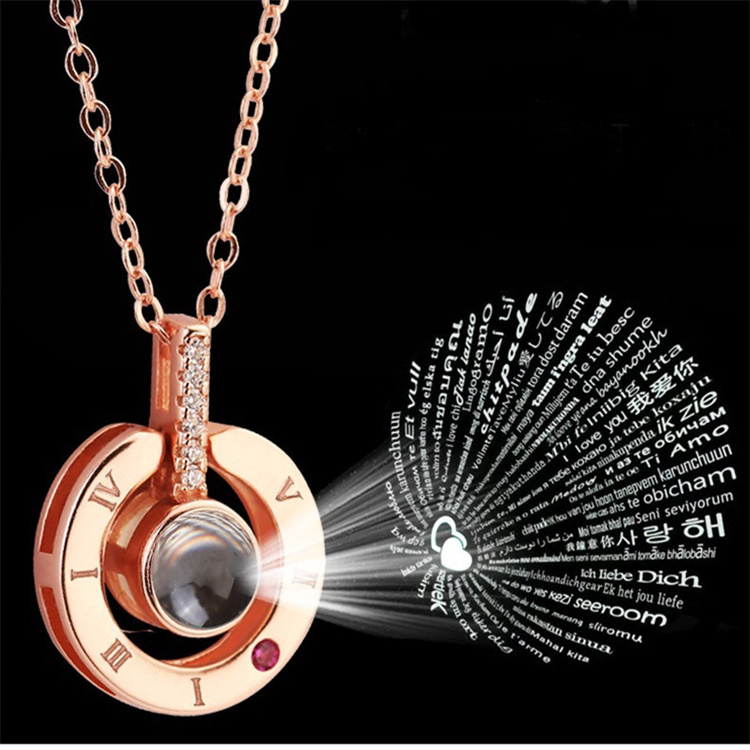 OEM Rose Gold & Silver 100 language I love You Projection Pendant Necklace Romantic Love Memory Wedding Necklace