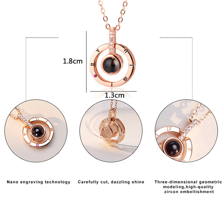 OEM Rose Gold & Silver 100 language I love You Projection Pendant Necklace Romantic Love Memory Wedding Necklace