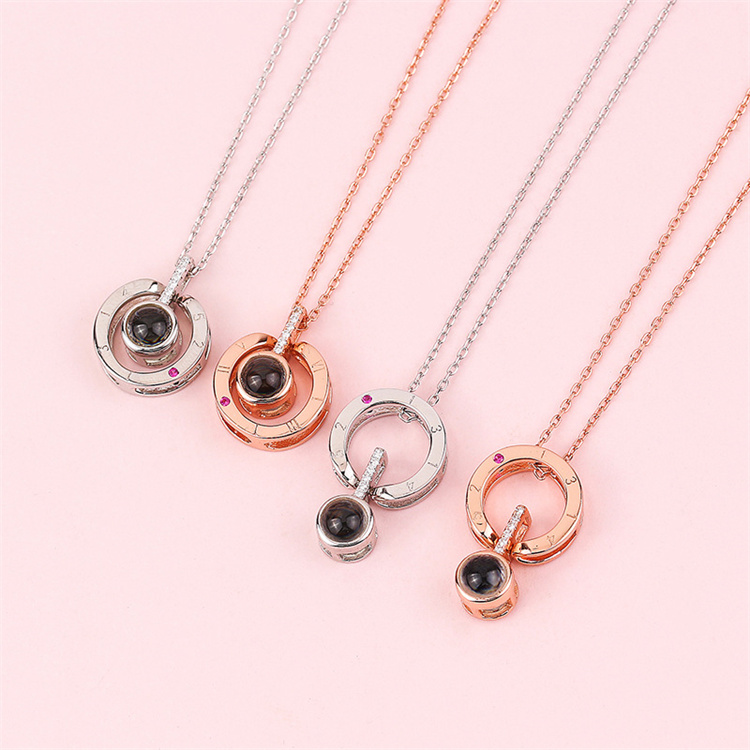 OEM Rose Gold & Silver 100 language I love You Projection Pendant Necklace Romantic Love Memory Wedding Necklace