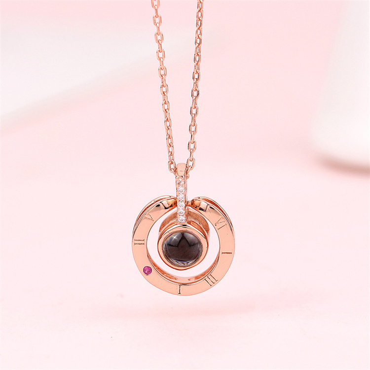 OEM Rose Gold & Silver 100 language I love You Projection Pendant Necklace Romantic Love Memory Wedding Necklace