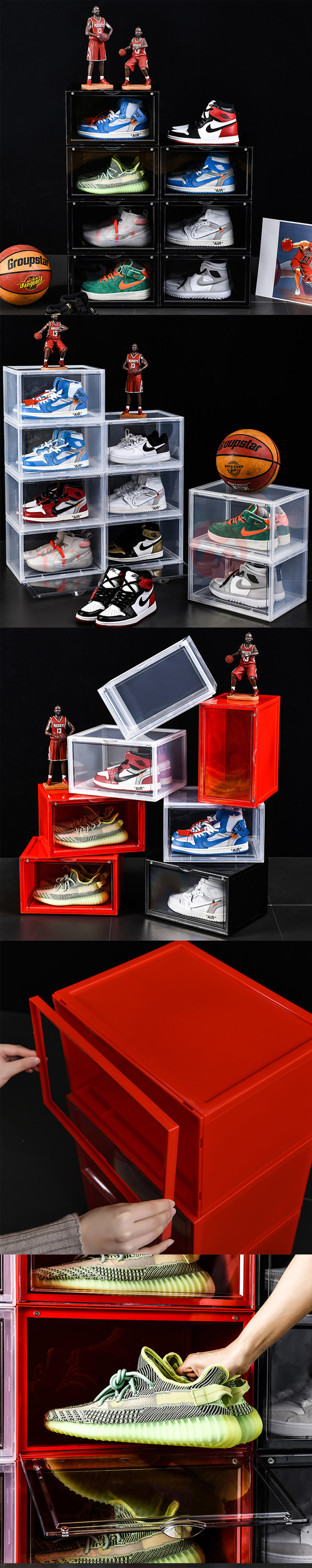 Shoe organizer storage box clear stackable container for shoes with side opening megnetic door display case