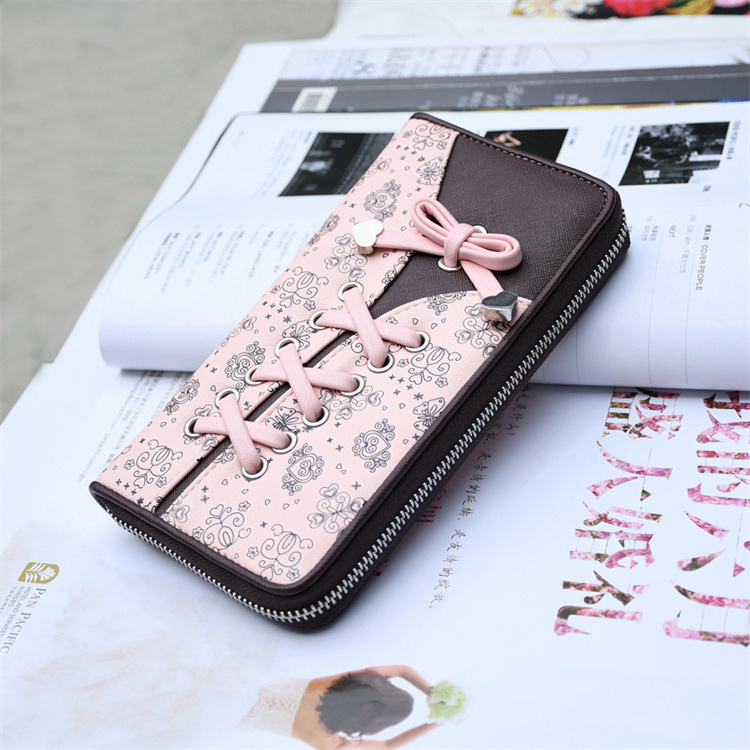 OEM PU Leather Shoelace Style Pocket Long Wallet Multi-functional Women Bow Lace Up Coin Purse Card Holders Clutch