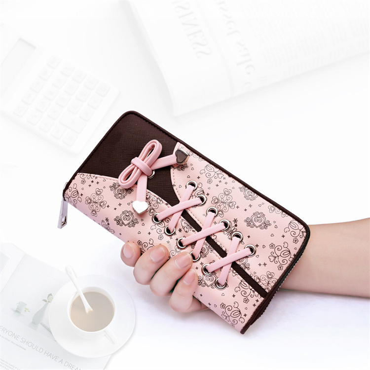 OEM PU Leather Shoelace Style Pocket Long Wallet Multi-functional Women Bow Lace Up Coin Purse Card Holders Clutch