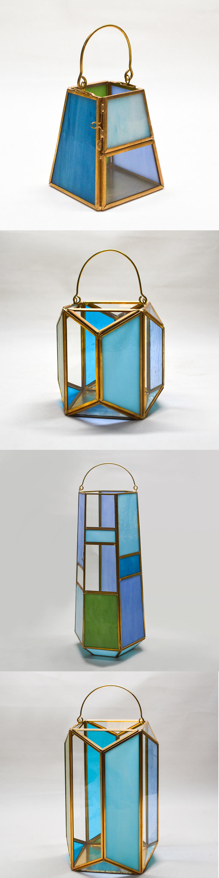 geometric bronze and glass lanterns blue green tiffany stained glass and metal lantern candle holder