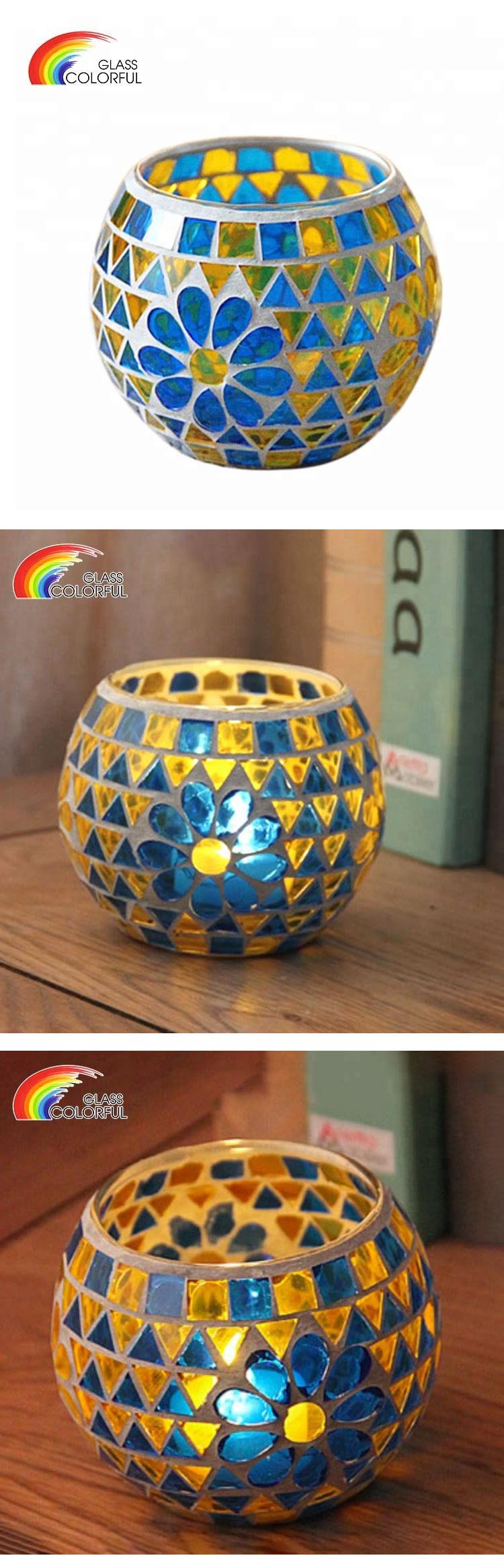 Hand made blue mosaic glass candle holder for decoration