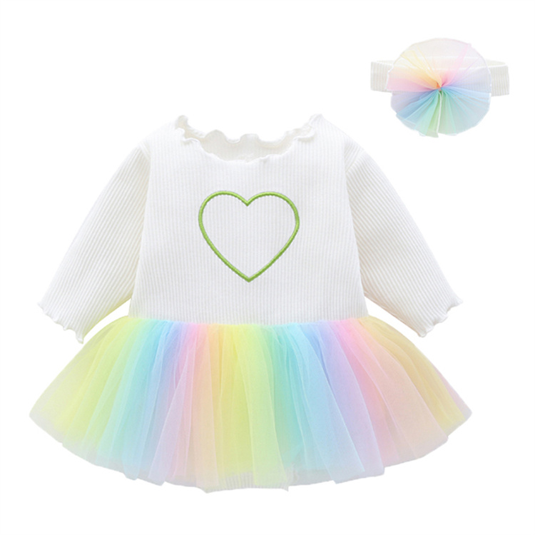 New Arrival White Long sleeve Cotton Ribbed Toddler Baby Skirts, Rainbow Baby Birthday Party Dress for 1 Year Old Girls