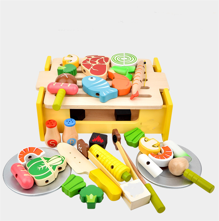 Amazon Hot Sell Family Game for Adults and Kids 23 Pcs Wood Barbecue Set Kids Toy
