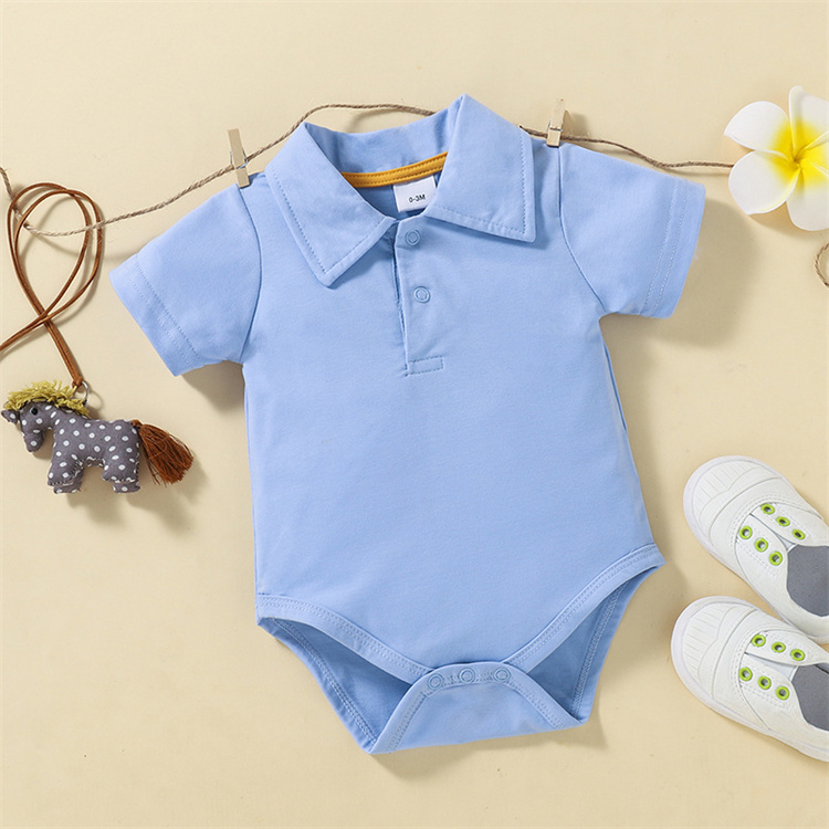 2022 new summer baby short sleeve lapel solid color polyester baby onesie cute baby onesie