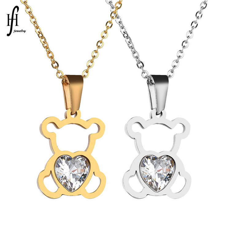 OEM Nextvance Hollow Stainless Steel Bear Pendant Necklace Cute CZ Stone Love Heart Animal Necklace Girls Statement Jewe