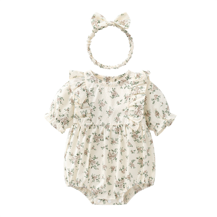 Factory Floral Printing Baju baby Summer Girls Cotton Jumpsuit, Toddler Baby Girls One-Piece Romper with Free Hairband