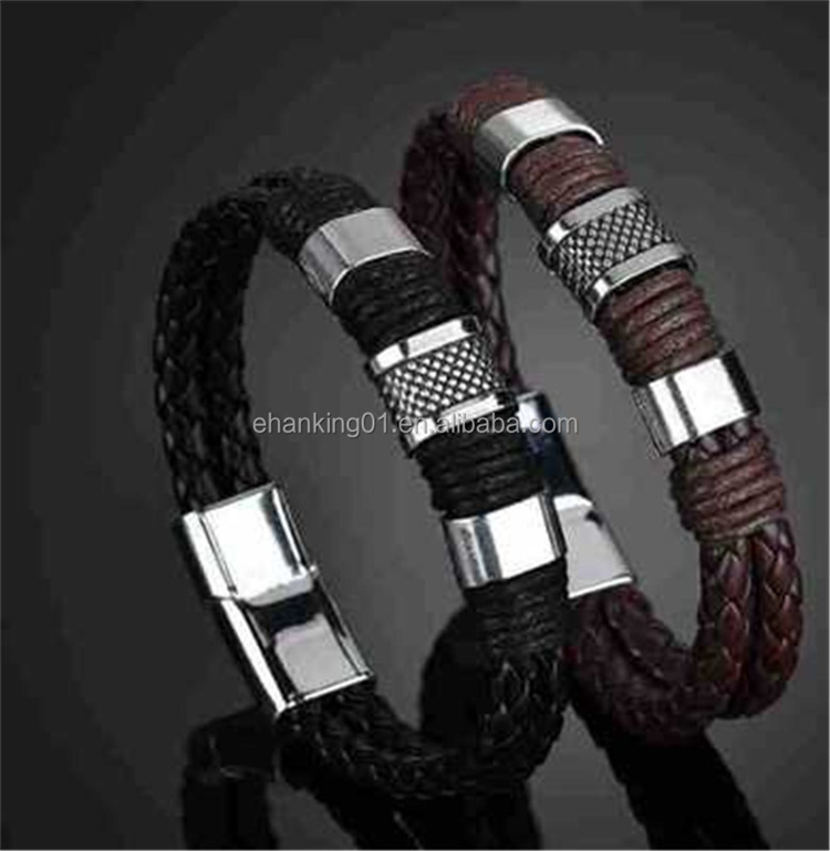 OEM Men &Women Black/brown Leather Cuff Bracelet Stainless Steel Bracelet