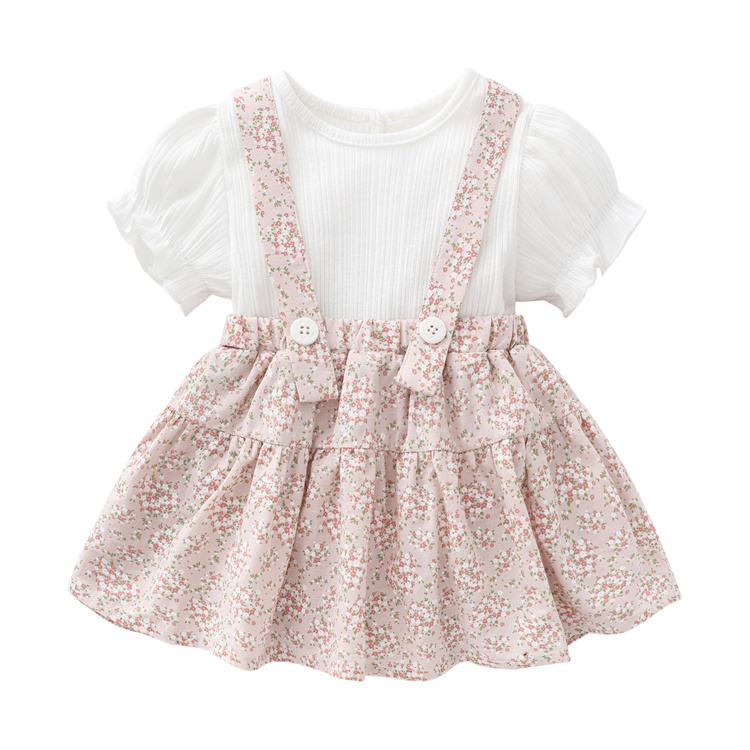 Ins Style Boutique Baby Girls Summer Clothing Set, Toddler Dress Set Plain white Cotton T-shirt with Floral Suspender Dr