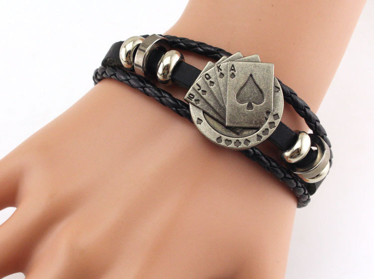 OEM Vintage Men's Leather Bracelet Playing Cards Poker Design Bracelet Raja Vegas Charm Multilayer Braided Bracelet