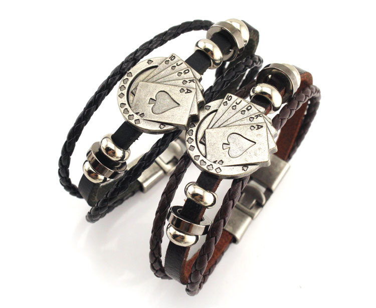 OEM Vintage Men's Leather Bracelet Playing Cards Poker Design Bracelet Raja Vegas Charm Multilayer Braided Bracelet