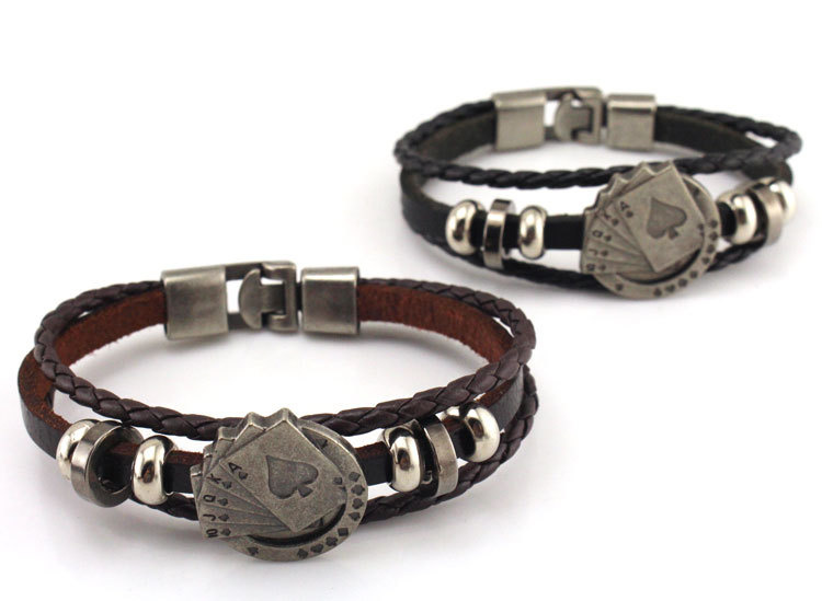 OEM Vintage Men's Leather Bracelet Playing Cards Poker Design Bracelet Raja Vegas Charm Multilayer Braided Bracelet