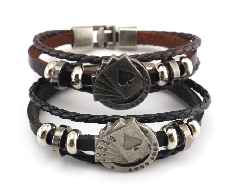 OEM Vintage Men's Leather Bracelet Playing Cards Poker Design Bracelet Raja Vegas Charm Multilayer Braided Bracelet