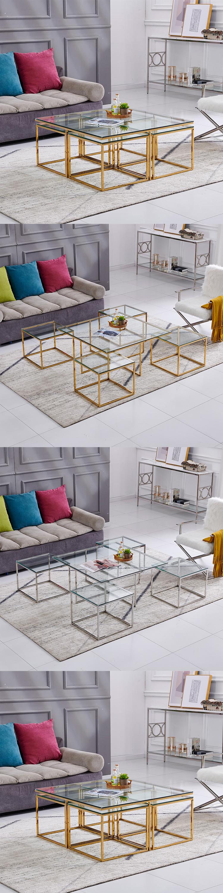 New Design Living Room Home Stainless Steel Square Coffee Table Golden Color Glass Top Centre Table