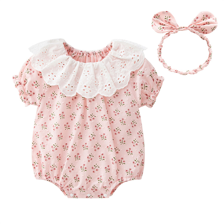 100% Cotton Summer Short-Sleeve Baby Onesie Toddler one piece Clothing & Hairband Lace collar romper