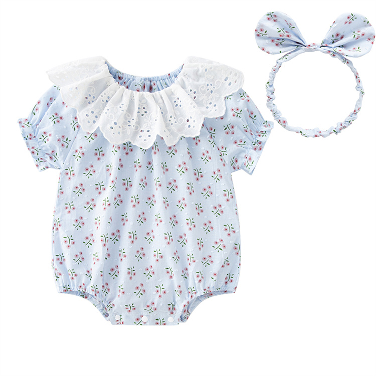 100% Cotton Summer Short-Sleeve Baby Onesie Toddler one piece Clothing & Hairband Lace collar romper