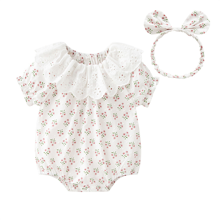 100% Cotton Summer Short-Sleeve Baby Onesie Toddler one piece Clothing & Hairband Lace collar romper