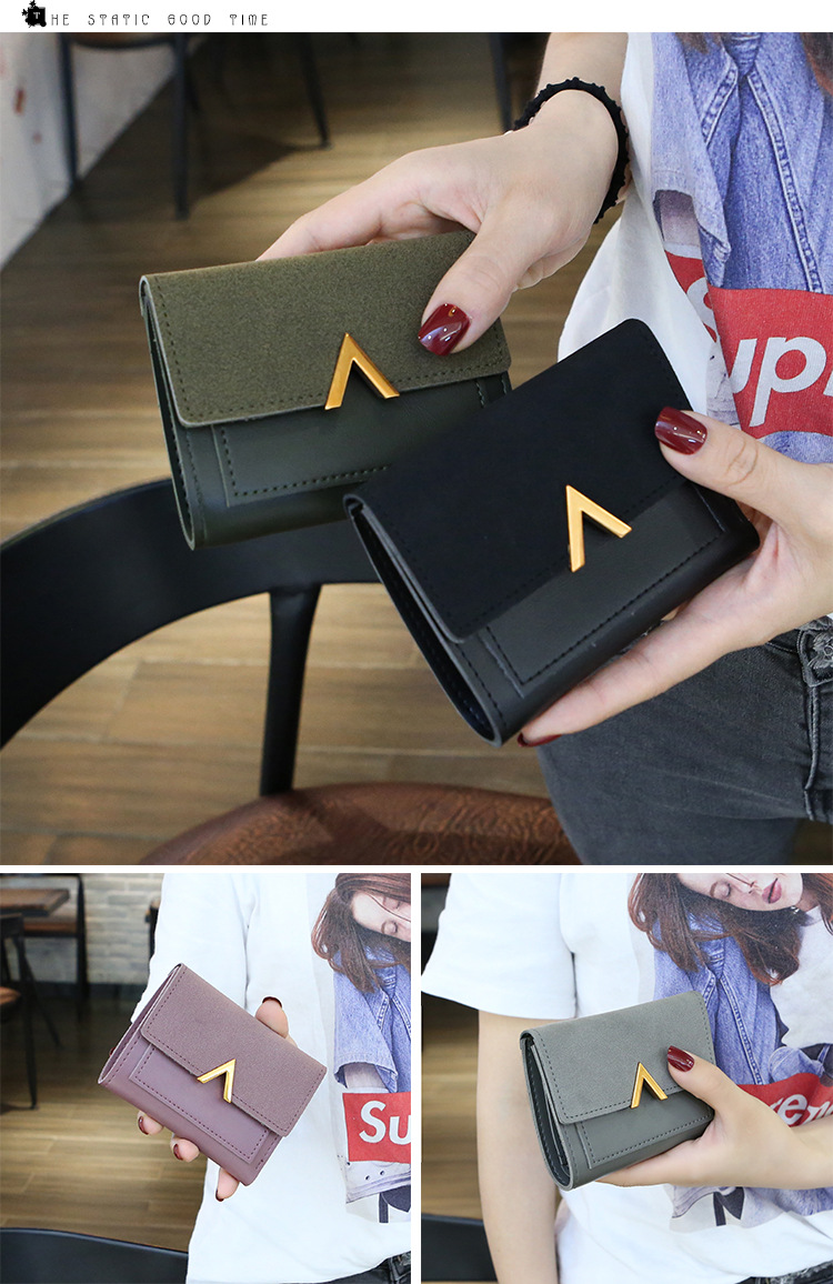 Female Short Wallet Trend Folding Personality V-Letter Cute Decorative Card Bag Leather Ladies Wallet