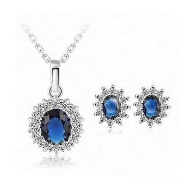 OEM Trendy Bride Wedding Banquet Luxury Oval Blue Austrian Crystal Pendants Necklace Earrings Set Women Jewelry Set