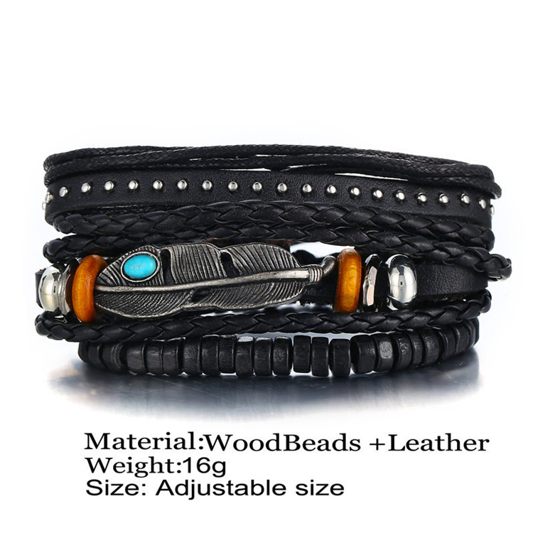 OEM Retro Punk Turquoise Leather Bracelet Creative Feather Bracelet for Men Handmade Jewelry Accessories