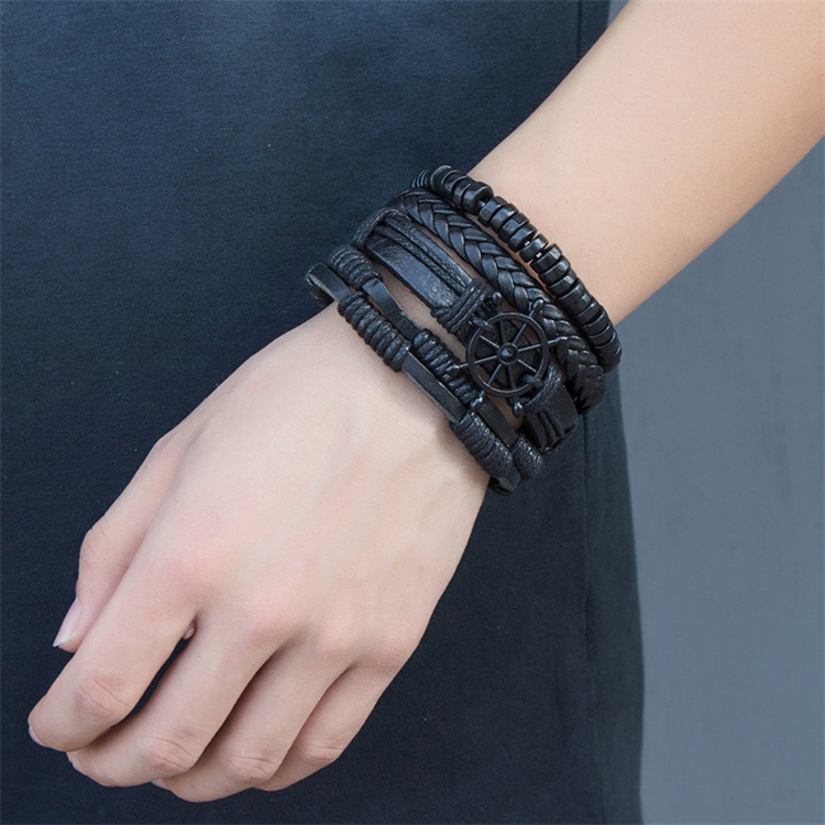 Black Braided Wrap Leather Bracelets for Men Vintage Bracelet Wooden Beads Ethnic Tribal Wristbands Bracelet