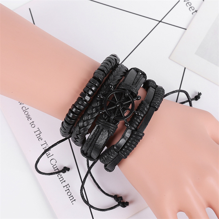 Black Braided Wrap Leather Bracelets for Men Vintage Bracelet Wooden Beads Ethnic Tribal Wristbands Bracelet