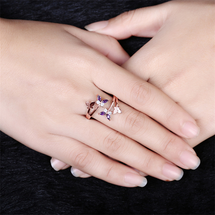 OEM New style butterfly asymmetrical adjustable ring European sweet woman rose gold ring jewelry