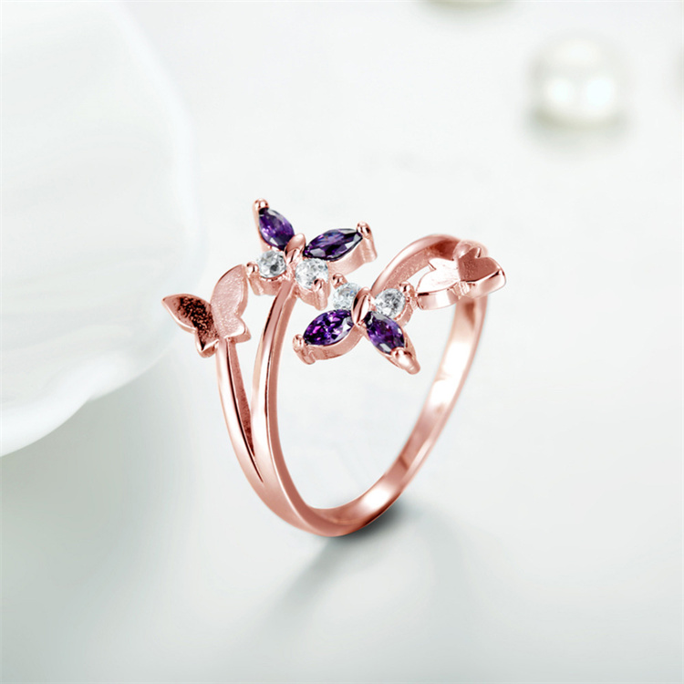 OEM New style butterfly asymmetrical adjustable ring European sweet woman rose gold ring jewelry