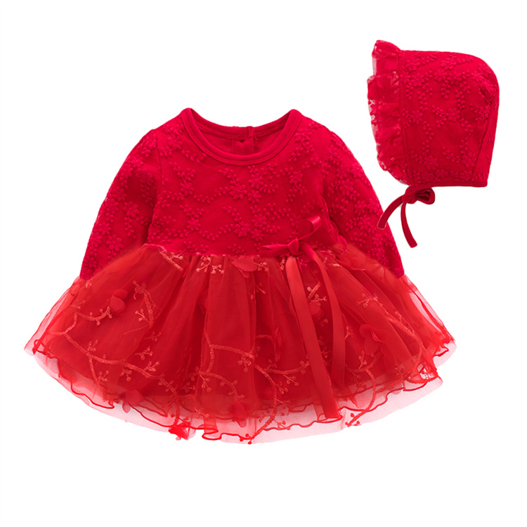 Wholesale birthday party wear long-sleeved spring and autumn lace bow baby princess dress infant baby girls cotton dress