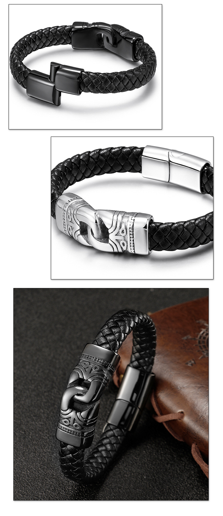 ZG Europe And America Hot Selling Stainless Steel Bracelet Wholesale Men's Hand-woven Titanium Steel Leather Bracelet Sp