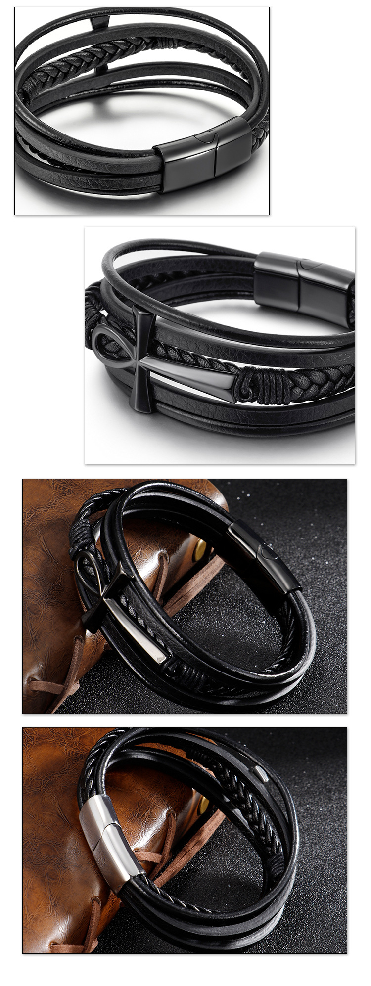 ZG 2022 New Hot Sale Multi-layer Hand-woven Cowhide Rope Stainless Steel Cross Bracelet Men's Magnetic Buckle Bracelet