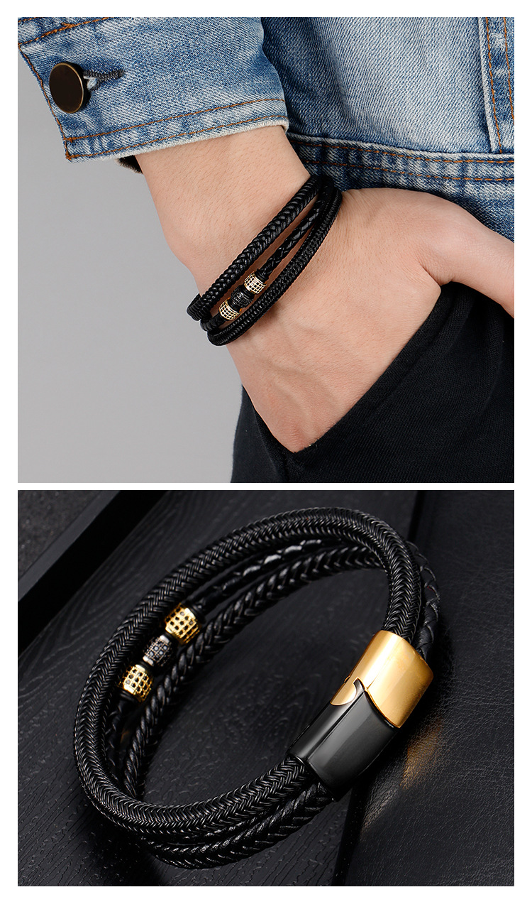 2022 Amazon Hot Sale Vintage Genuine Leather Men's Bracelet Zircon Multilayer Braided Stainless Steel Magnetic Buckle Br