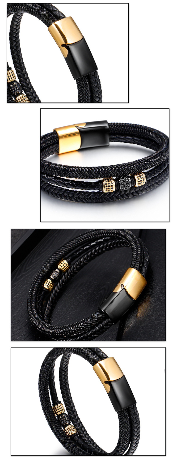 2022 Amazon Hot Sale Vintage Genuine Leather Men's Bracelet Zircon Multilayer Braided Stainless Steel Magnetic Buckle Br