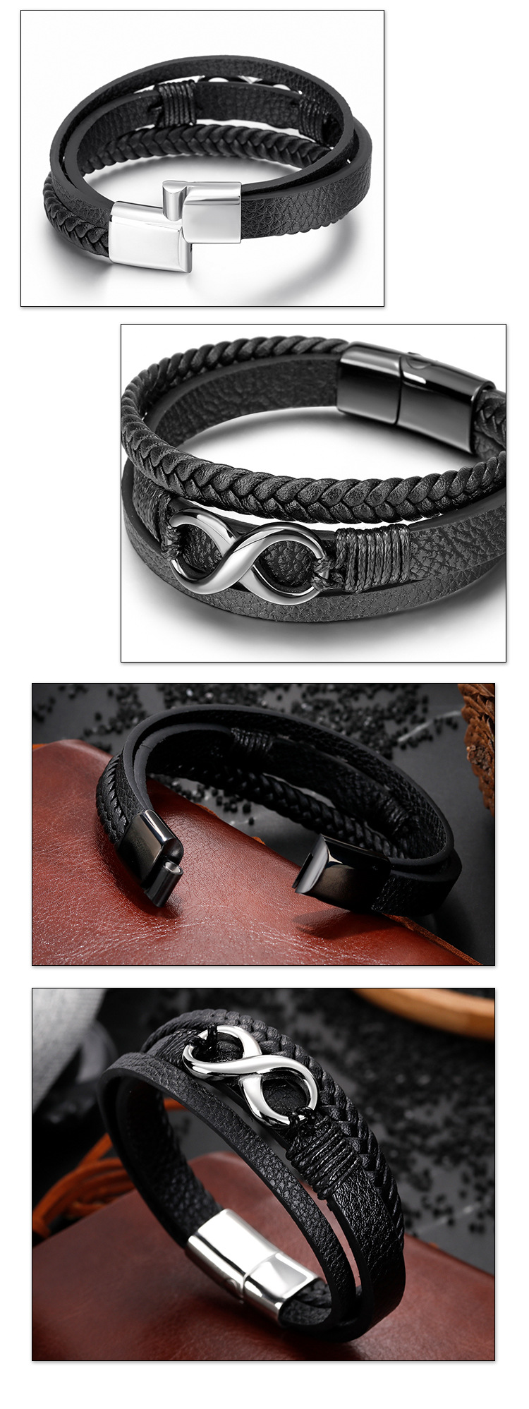ZG 2022 Hot Selling Hand Braided Rope Leather Bracelet 8 Character Magnetic Buckle Stainless Steel Men's Bracelet