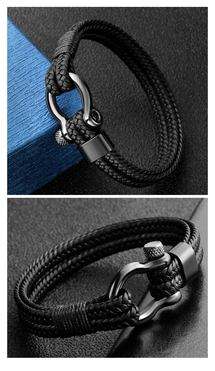 Hot Sale Leather Rope Braided Horseshoe Buckle Stainless Steel Men's Bracelet Titanium Steel Vintage Jewelry Bracelet