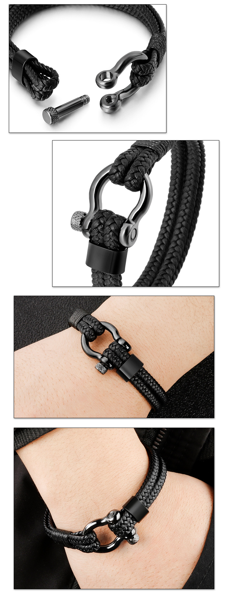 Hot Sale Leather Rope Braided Horseshoe Buckle Stainless Steel Men's Bracelet Titanium Steel Vintage Jewelry Bracelet