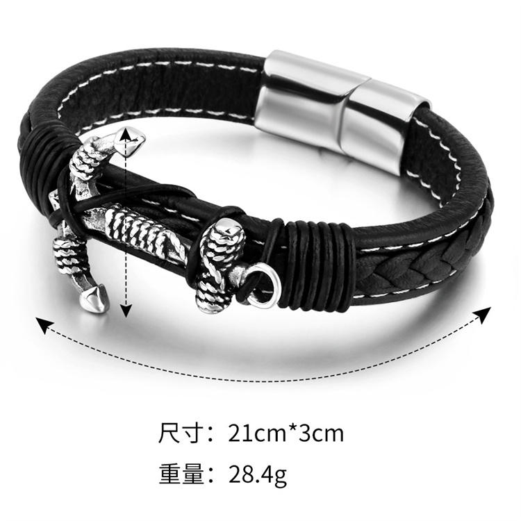 ZG Factory Supply Cowhide Hand Braided Bracelet Titanium Alloy Anchor Punk Bracelet Stainless Steel Men's Jewelry