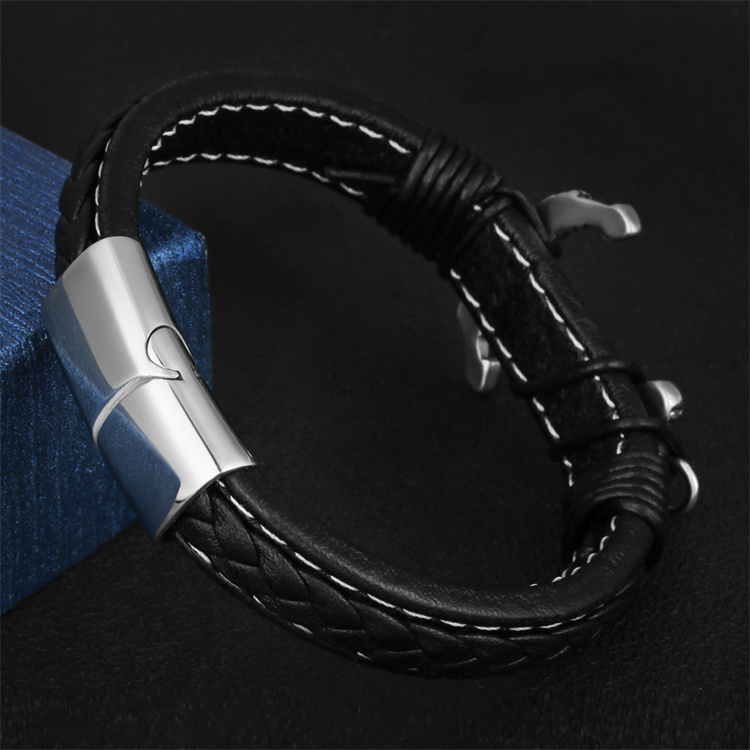 ZG Factory Supply Cowhide Hand Braided Bracelet Titanium Alloy Anchor Punk Bracelet Stainless Steel Men's Jewelry