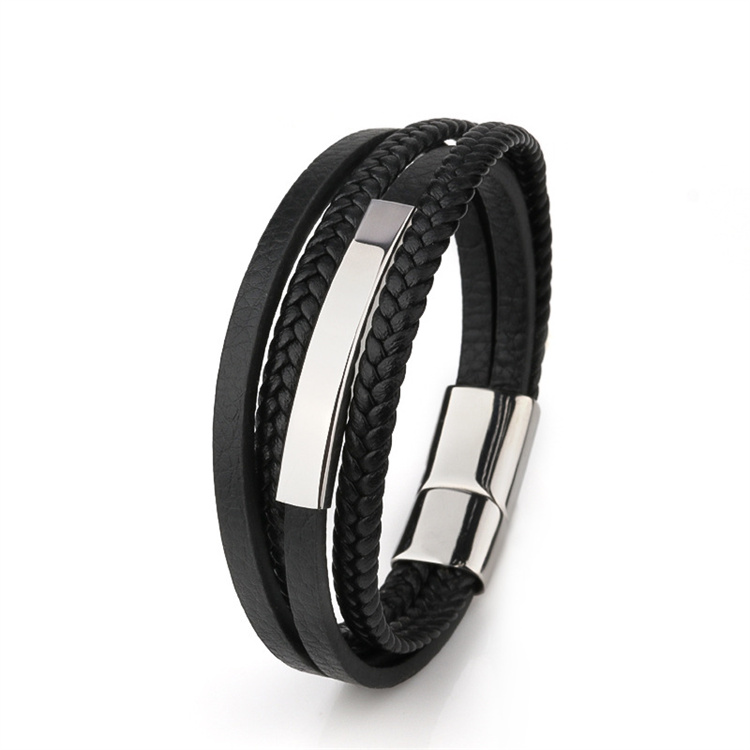 ZG Cross-border New Hot Selling Magnetic Buckle Artificial Woven Men's Bracelet Multi-layer Bracelet Stainless Steel Bra