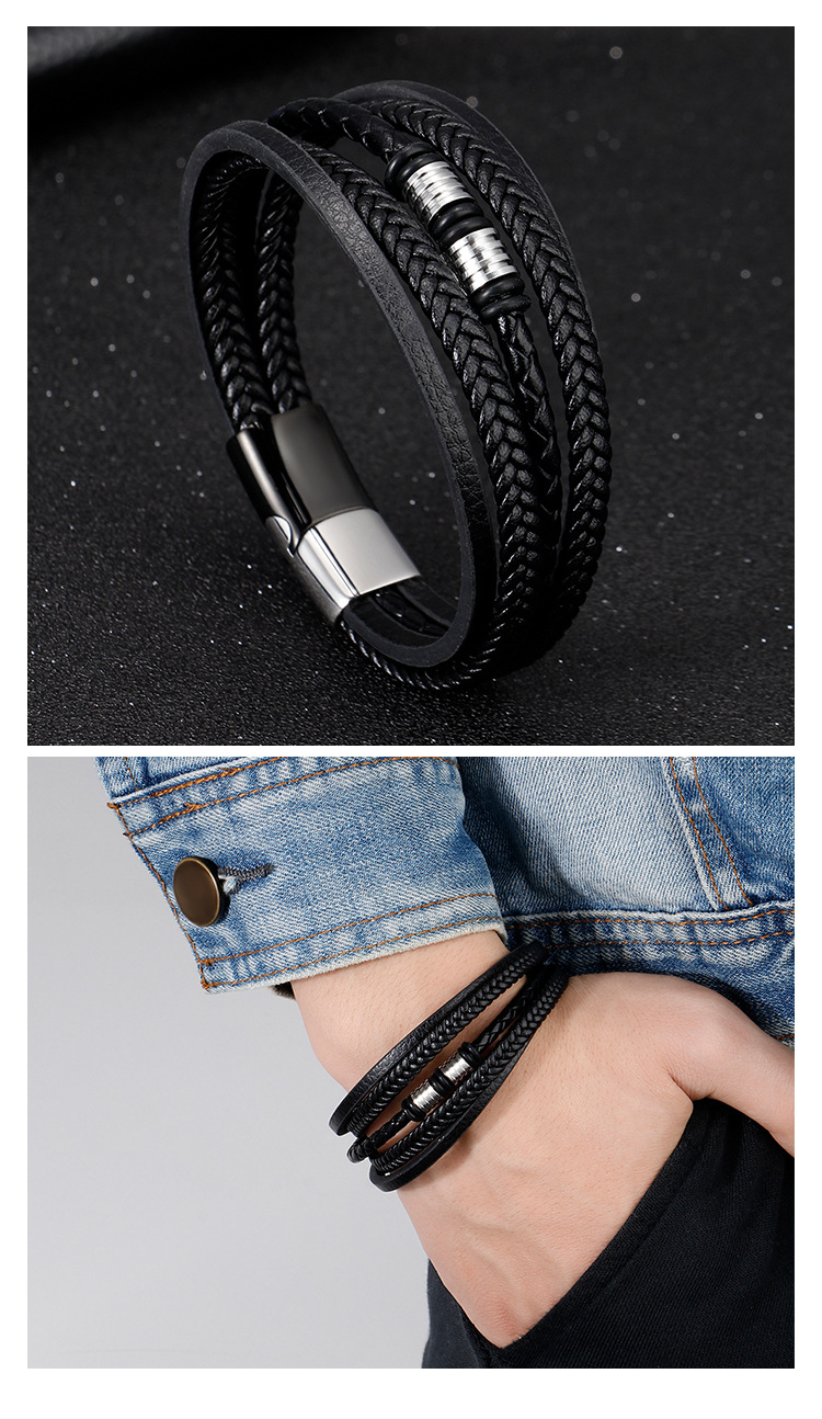 ZG Spot Wholesale Men's Stainless Steel Leather Bracelet Multi-layer Hand-woven Titanium Steel Bracelet