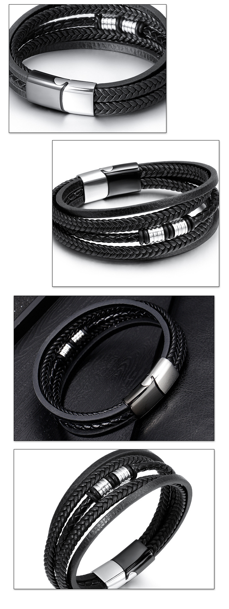 ZG Spot Wholesale Men's Stainless Steel Leather Bracelet Multi-layer Hand-woven Titanium Steel Bracelet