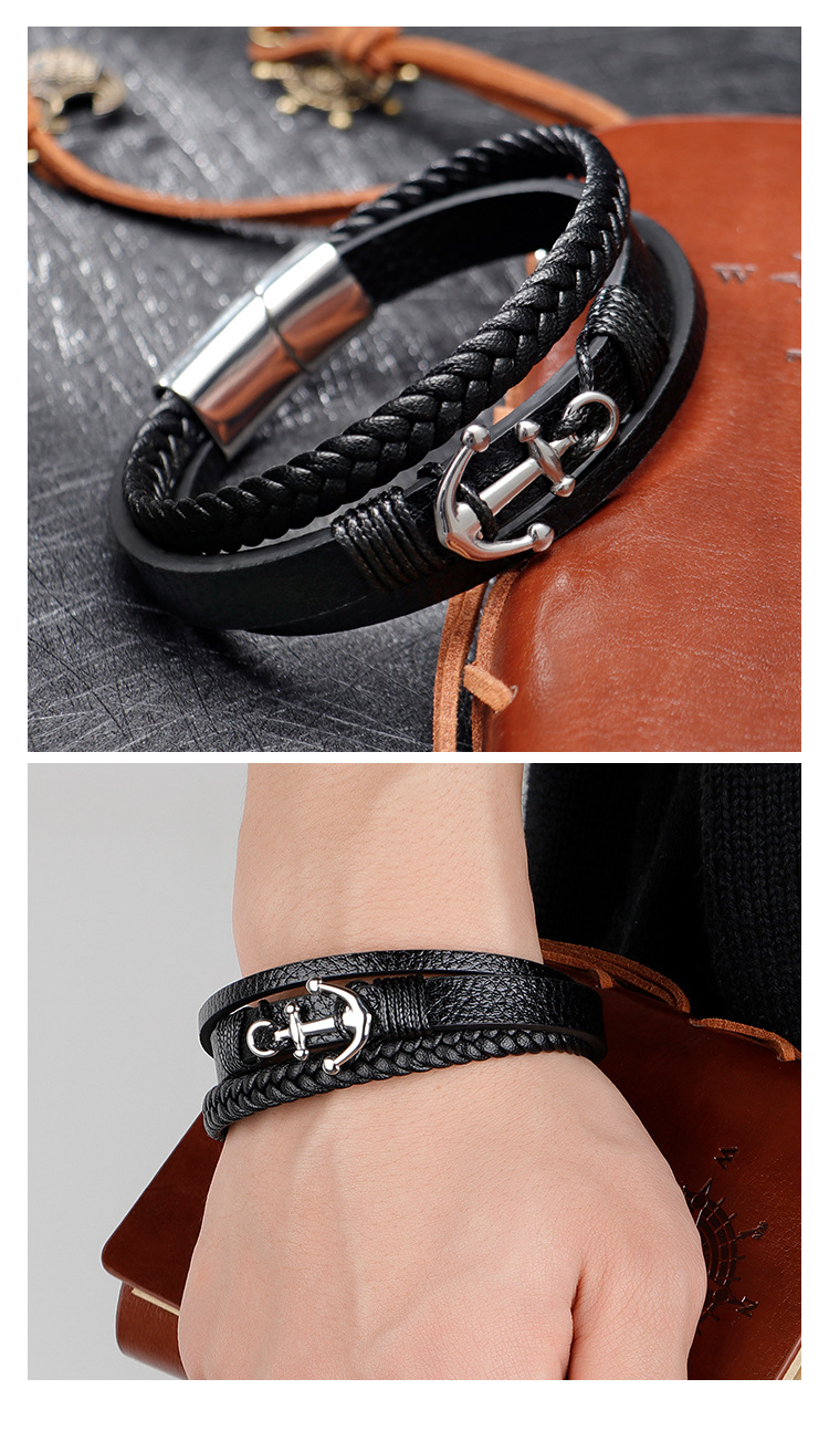 ZG New Spot Genuine Leather Braided Men's Bracelet Stainless Steel Anchor Bracelet Ethnic Style Jewelry Bracelet