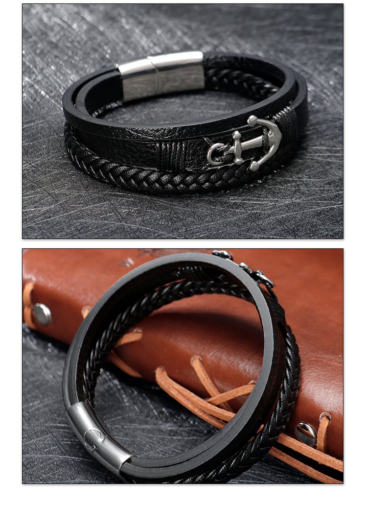 ZG New Spot Genuine Leather Braided Men's Bracelet Stainless Steel Anchor Bracelet Ethnic Style Jewelry Bracelet