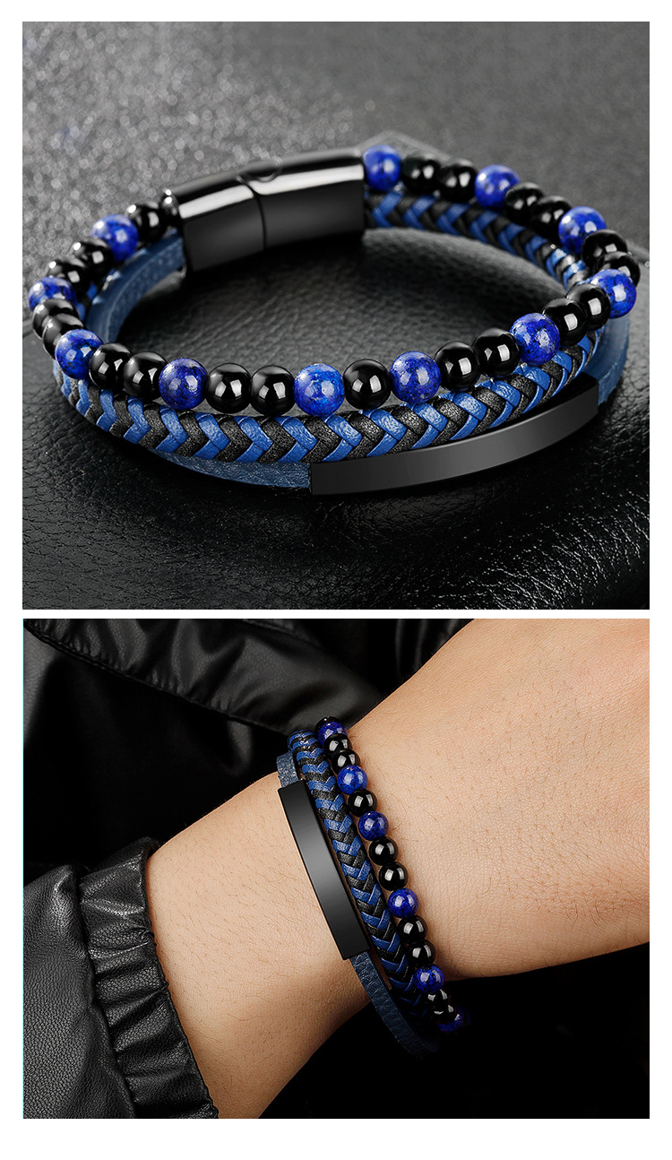New Hot Sale Men's Leather Bracelet Natural Stone Volcanic Stone Stainless Steel Men's Bracelet Beads Bracelet Jewelry