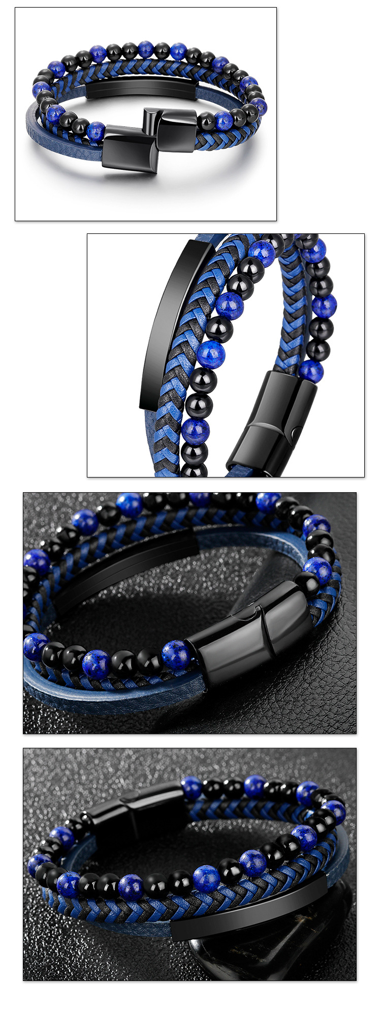 New Hot Sale Men's Leather Bracelet Natural Stone Volcanic Stone Stainless Steel Men's Bracelet Beads Bracelet Jewelry