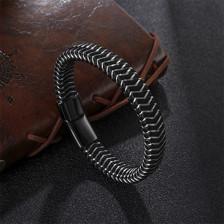 ZG European and American Fashion Stainless Steel Leather Bracelet Mixed Braided Bracelet Men's Charm Titanium Steel Brac